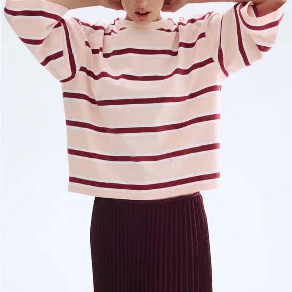NWT H&M Powder Pink/Burgundy Striped 100% Cotton Loose-Fit Top Sz L 1274548005 - Picture 2 of 6